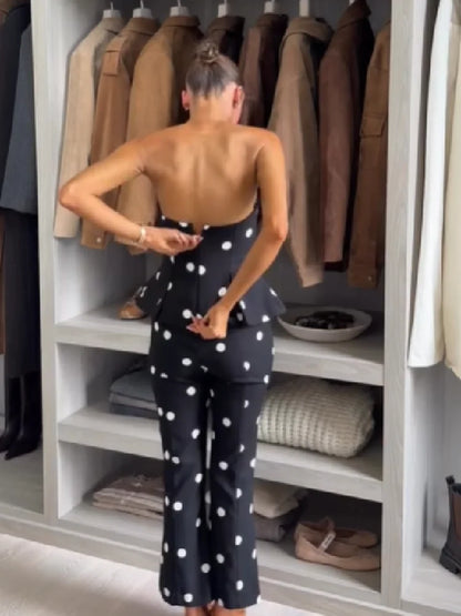 Polka Dot  Matching Set Ladies Back Zip Bandeau Peplum Blouse High Rise Ankle Length Flared Pants Evening Club Going Out Outfit