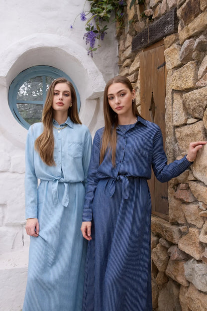 AS  SS26 Lyocell light Denim pinstripe wrap shirt + dress matching set fashionable vitality women's outfit