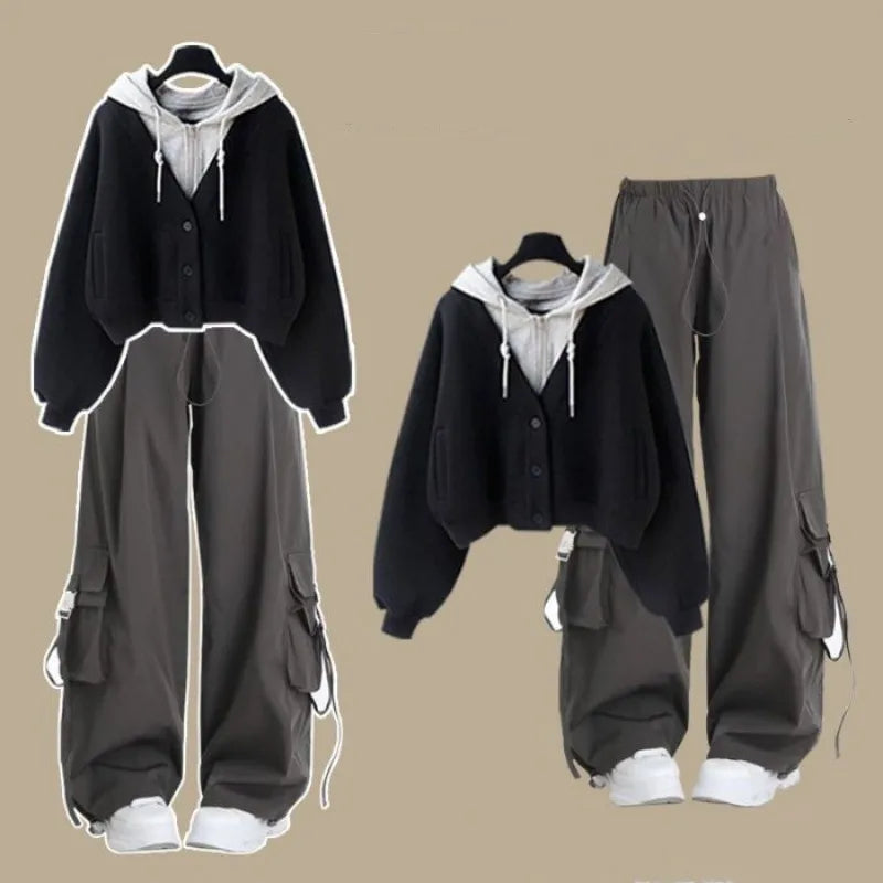 2026 Girl Spring Autumn New Casual Tracksuit Matching Set Korean Elegant Fake Two-piece Hooded Sweatshirt+Loose Cargo Pants Suit