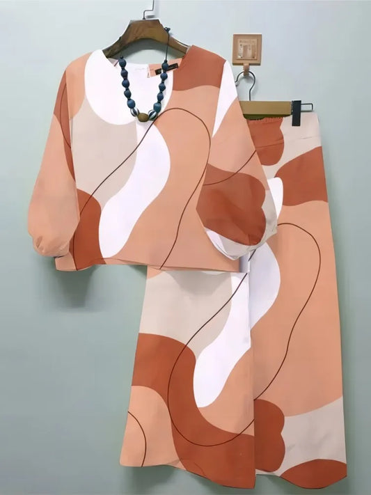 2024 Spring Autumn New Women's Fashion Geometric Printed Casual Matching Set Bohemian Top Wide Leg Pants 2-piece Set
