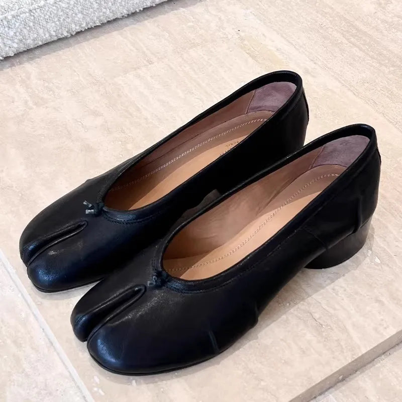 NEW Split Toe Tabi Shoes Size 43 Genuine Leather White Ballet Flats Women Low Heel Mary Janes Pumps Ballerinas Zapatos Mujer