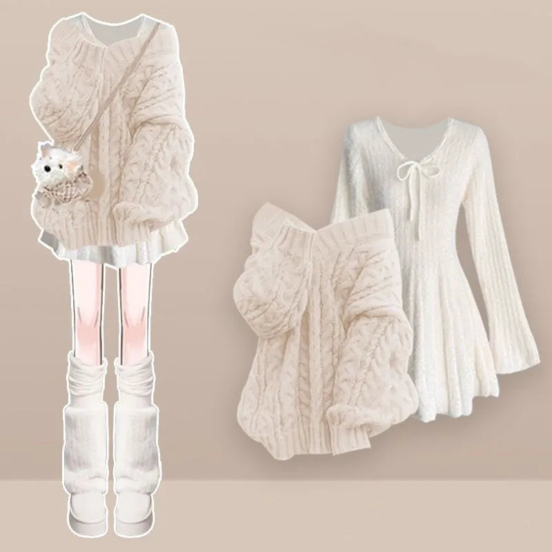 Women's 2026 Winter New Fashion Knitted Sweater Midi Skirt Matching Set Korean Elegant Pullover+Long-sleeve Dress Two Piece Suit