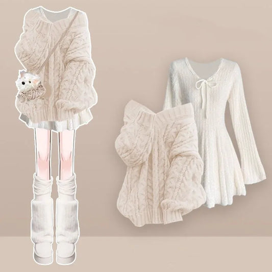 Women's 2026 Winter New Fashion Knitted Sweater Midi Skirt Matching Set Korean Elegant Pullover+Long-sleeve Dress Two Piece Suit