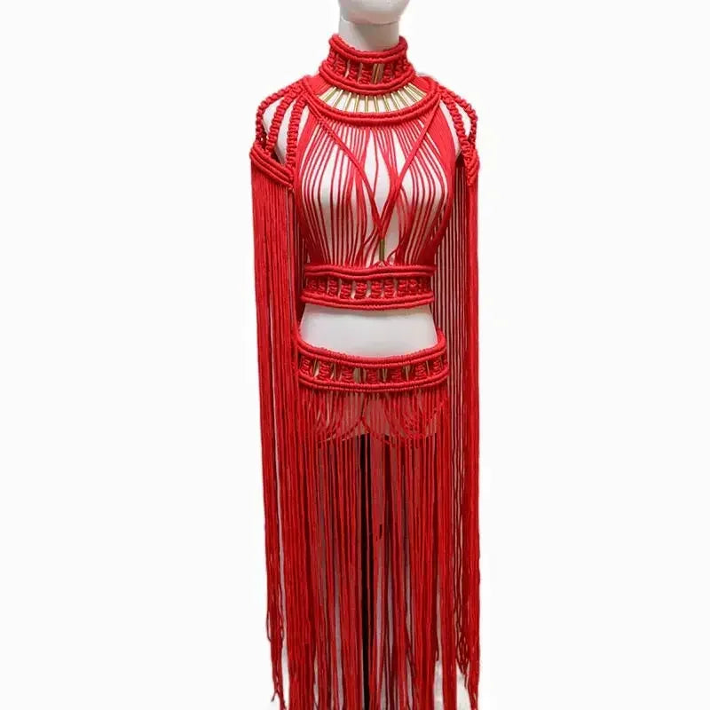 Leosoxs Tassel Hand Crochet Knitted Women Bikini Cover Ups Summer Holiday Beach Bathing Suit Sexy Hollow Out Skirts Matching Set