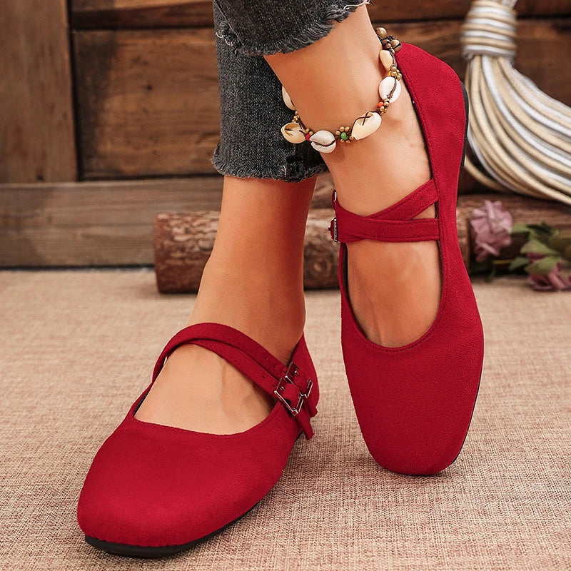 Double Buckle Red Ballet Flats Women 2025 Brand Designer Square Toe Mary Jane Shoes Woman Faux Suede Casual Shoes Female