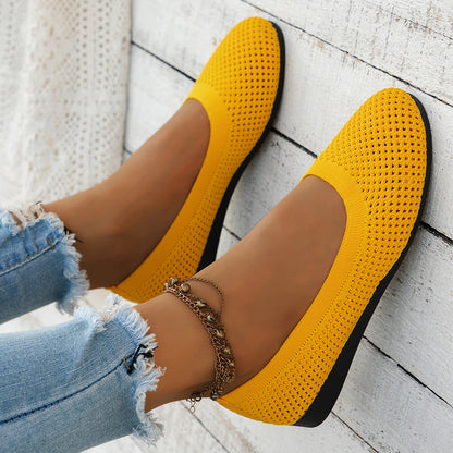 Women Round Toe Flat Shoes Solid Color Knitted Slip on Shoes Casual Breathable Ballet Flats Women Mesh Flat Shoes Loafers Woman