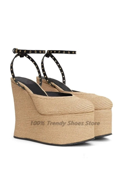 Straw Woven Wedge Sandals with Thick Sole Sponge Cake Ballet Round Toe Belt Buckle and Empty High Heels for Women