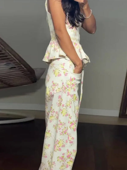 Women Pants Sets Peplum Matching Set Floral Print Vest Sleeveless Top Wide Leg Trousers 2-Piece Outfit Spring Woman Clothes