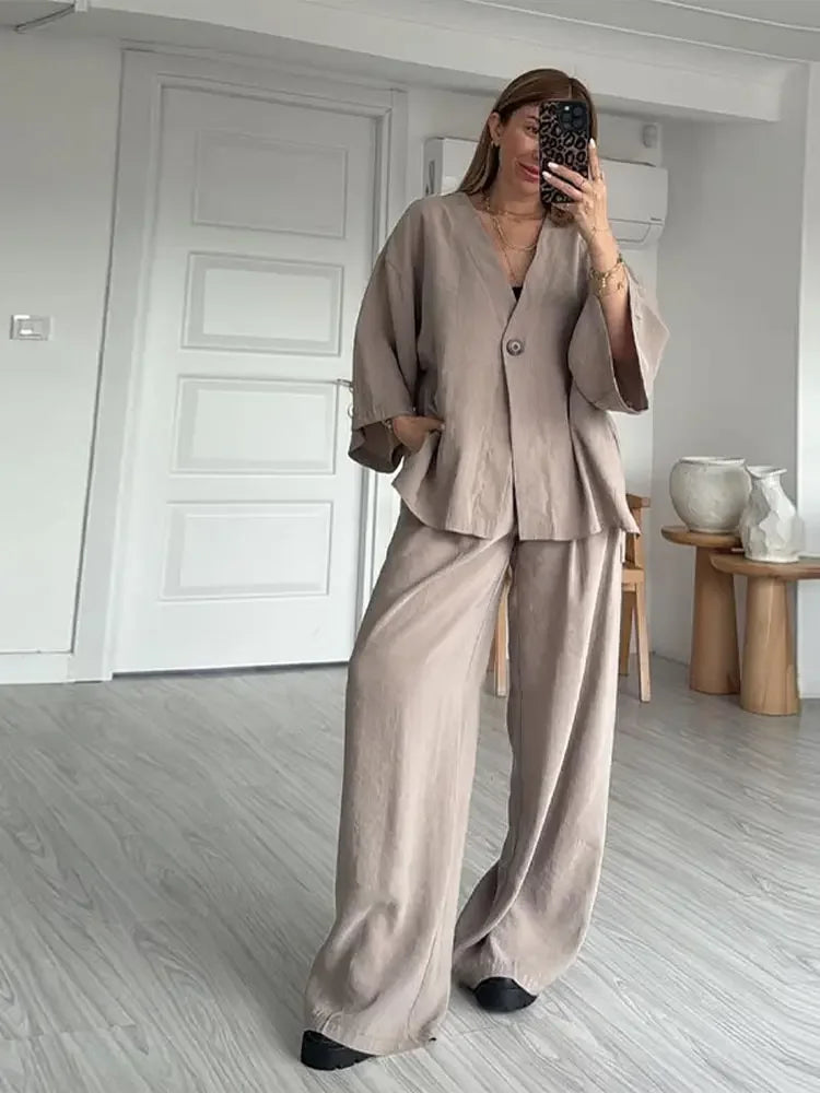 Casual Solid Cotton Linen Pants Suits Women Half Sleeve V Neck One Button Loose Top 2 Piece Set Female 2025 Daily Street Outfits