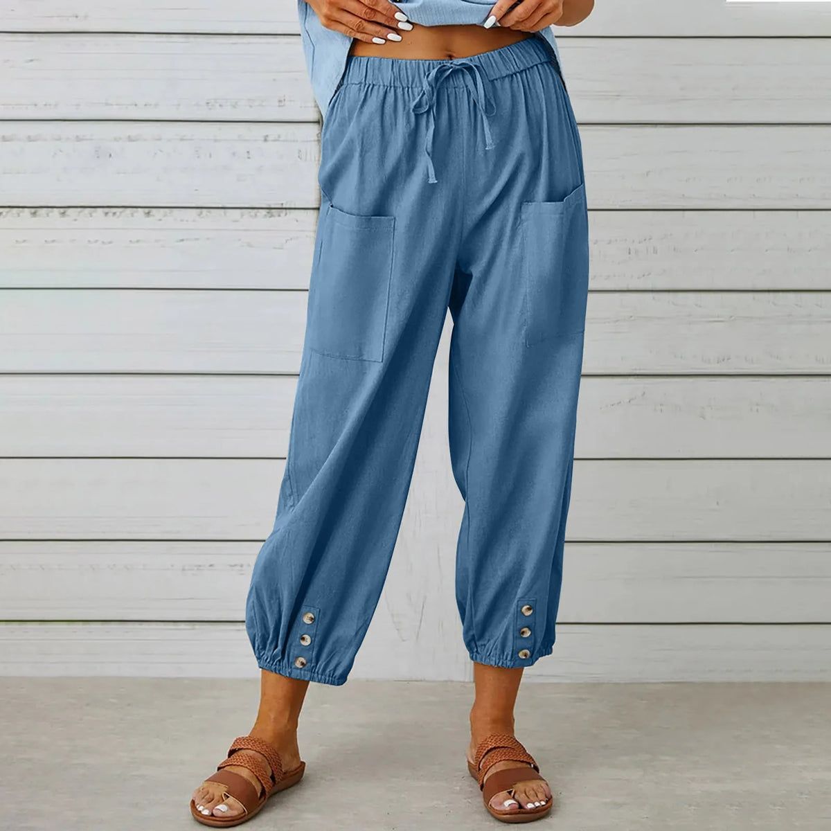 2024 New loose fitting high waisted button cotton and linen pants from Europe and America cropped pants wide leg women's pants