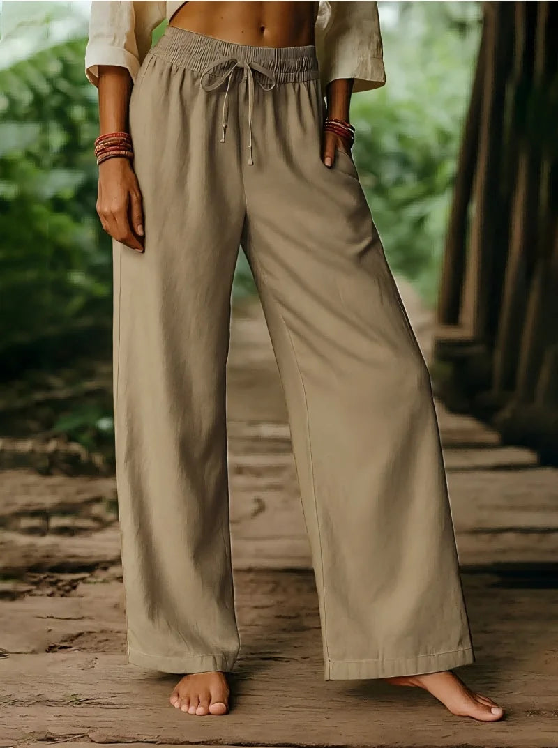 Women's Elastic Waist Linen Pants - Solid Color Wide Leg Trousers, Breathable Loose Fit Palazzo Pants