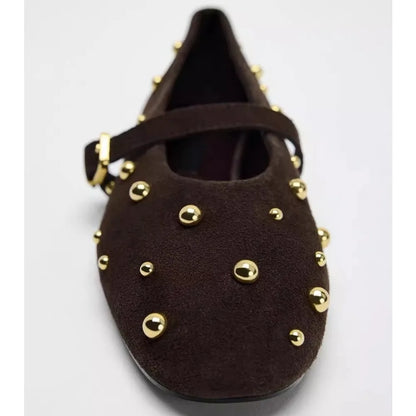 Flat Shoes for Women Spring/autumn Brown Imitation Suede Studded Round Toe Ballet Flats with Straight Stripes Mary Jane Pumps