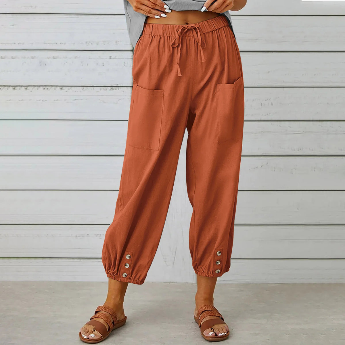 New loose fit high waisted buttoned cotton and linen pants, 9/10 Wide leg women's pants