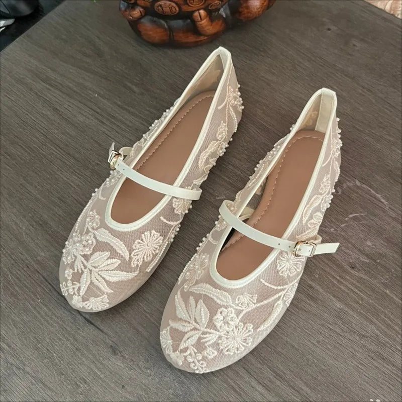 Women's Ballet Flats Ballerina Shoes 2025 Summer New White Mary Jane Comfortable Embroidered Mesh Buckle Strap Elegant