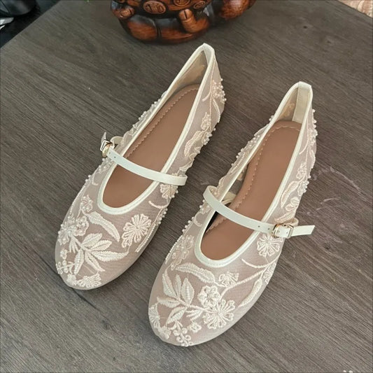 Women's Ballet Flats Ballerina Shoes 2025 Summer New White Mary Jane Comfortable Embroidered Mesh Buckle Strap Elegant