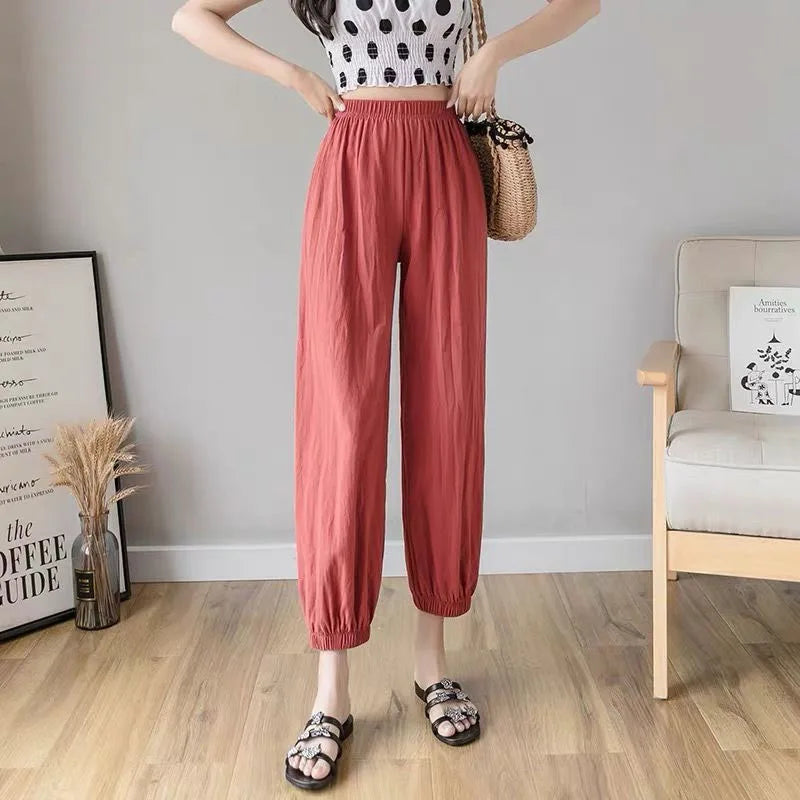 Women Casual Loose Cozy Harem Pants for 2026 New Summer Elastic Waist Beach Linen Pants Solid Color All-match Lantern Trousers