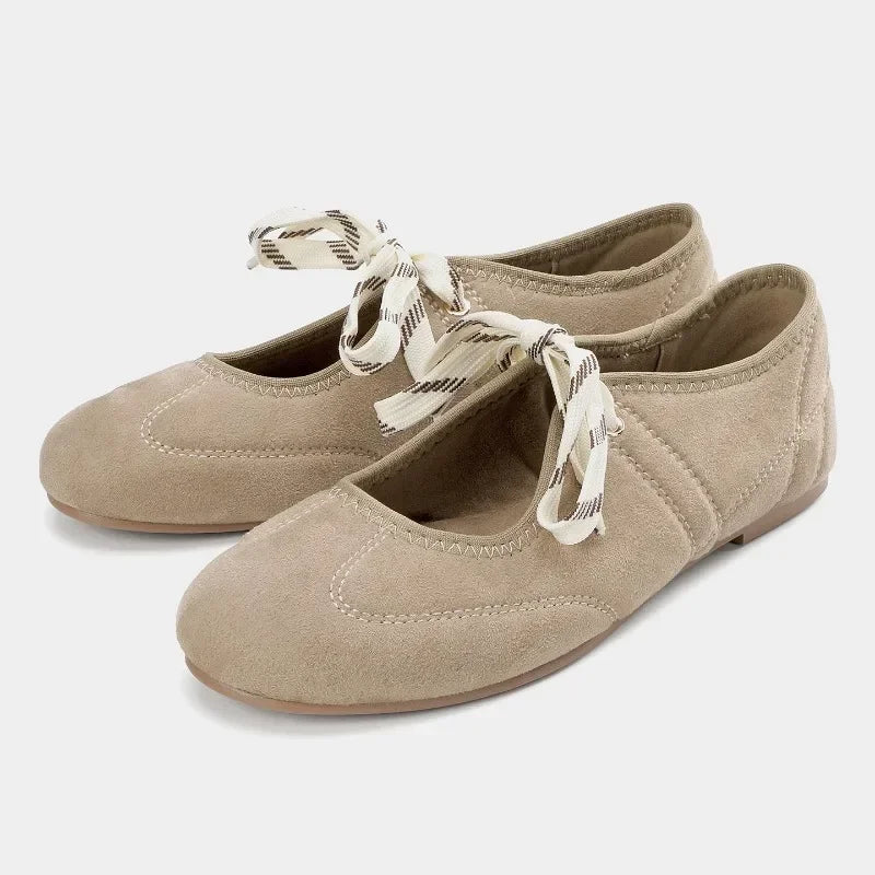Fashion Lace Up Sewing Design Brand Ballet Flats Women High Quality Faux Suede Mary Jane Shoes Comfortable Round Toe Loafers