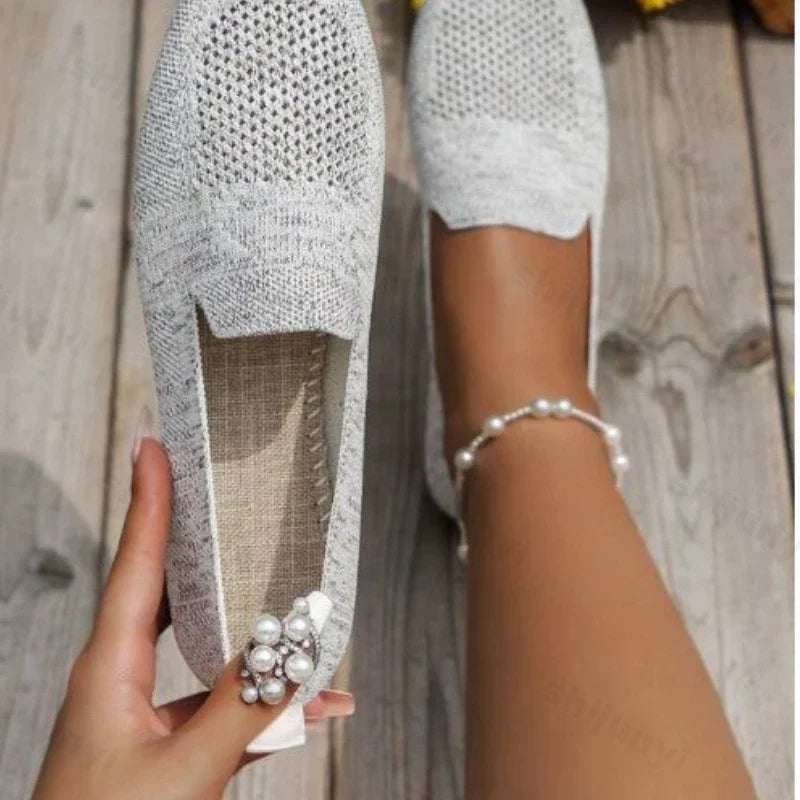 2024 Solid Color Square Toe Mesh Loafers Shallow Women Flats Shoes Soft Bottom Knit Ballet Flats Shoes Casual Slip on Boat Shoes