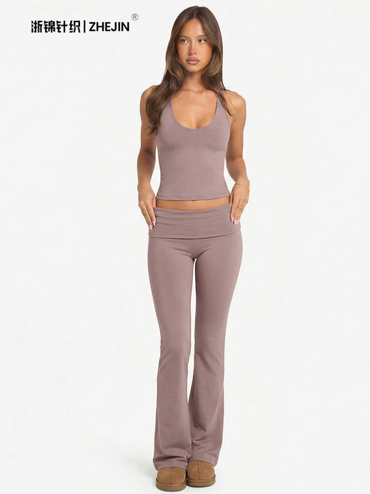 2 Piece Yoga Set Women Foldover Waist Flare Pants Bell Bottoms Tank Top Matching Set Gym Workout Fitness Wear Lounge Wear Suit
