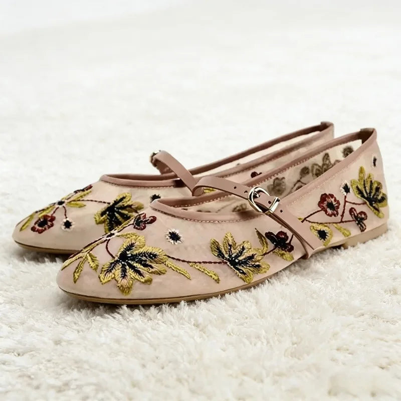 Summer Mesh Embroidered Flower Ballet Flats Women Light Breathable Mary Jane Shoes Luxury Designer Flats Comfortable Casual Shoe
