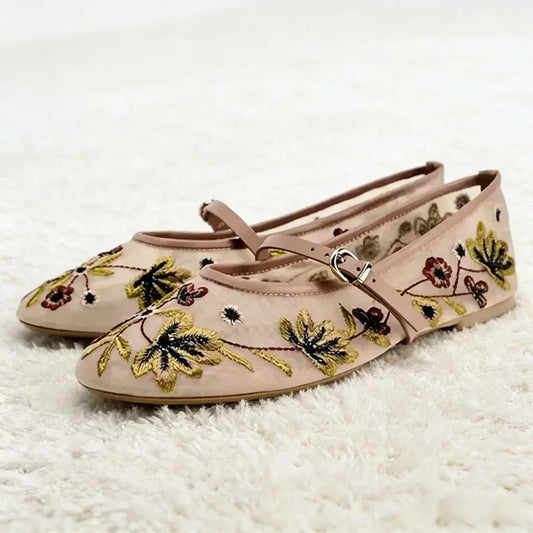 New Mesh Breathable Ballet Flats Women Luxury Designer Embroidered Flower Mary Jane Shoes Light Comfort Low Heeled Summer Flats