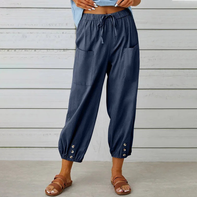New loose fit high waisted buttoned cotton and linen pants, 9/10 Wide leg women's pants