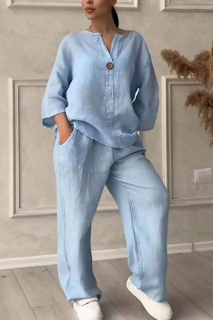 Women's Cotton and Linen Pants Suit Casual Solid Pullover Pants 2-piece Set White Pink Simple Wide Leg Pants Two Piece Set Suits