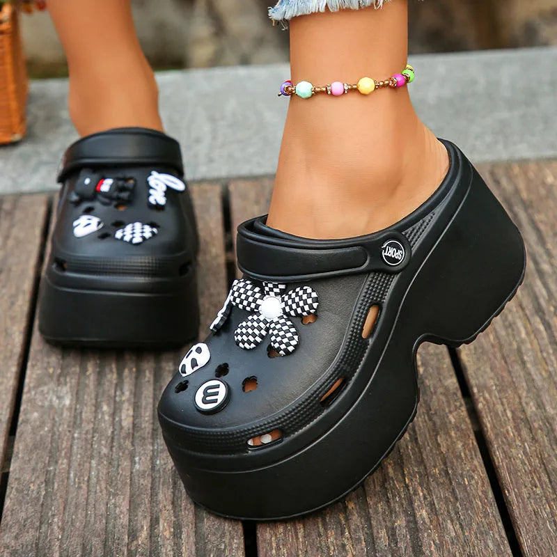 Decorative Buckle Wedge Sandals Women 2025 Thick Bottom Platform Beach Sandals Woman Summer Closed Toe Non-slip Soft Sole Slides