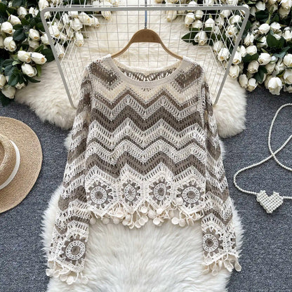 Zig Zag Crochet Sweater Tassel Details Long Sleeve Open-stitch Knit Top Pullover for Women Teen-girl Boho Vacation Outfit