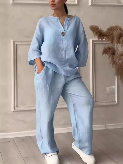 Women's Cotton and Linen Pants Suit Casual Solid Color Pullover Pants 2-piece Set White Pink