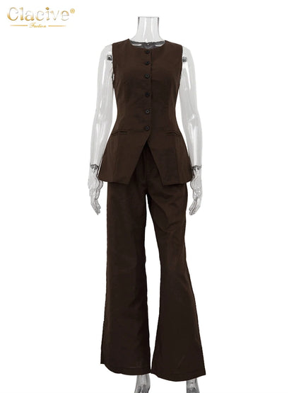 Clacive Summer Slim Brown Linen Pants Set 2 Piece Woman Fashion Sleeveless Tank Top With High Waist Wide Trousers Suits Female