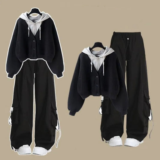 2026 Girl Spring Autumn New Casual Tracksuit Matching Set Korean Elegant Fake Two-piece Hooded Sweatshirt+Loose Cargo Pants Suit