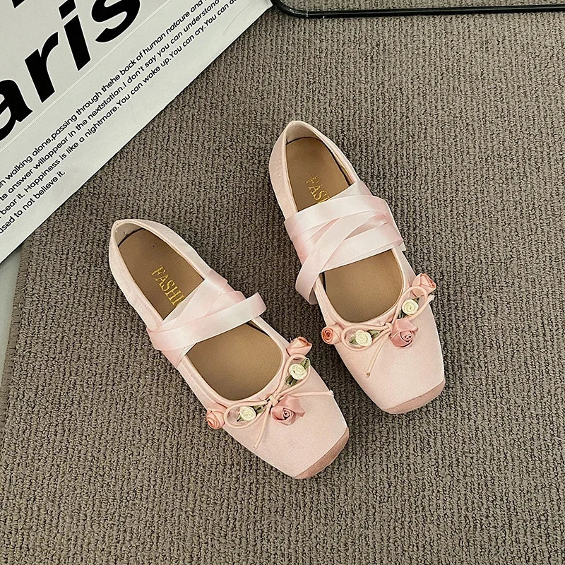 Luxury  Lace Tie Leg Satin Silk Ballet Flats Woman Square Toe Bowknot Elastic Band Ballerinas Ladies Wedding  Floral Shoes
