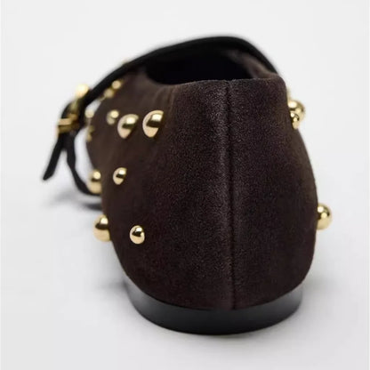 Flat Shoes for Women Spring/autumn Brown Imitation Suede Studded Round Toe Ballet Flats with Straight Stripes Mary Jane Pumps