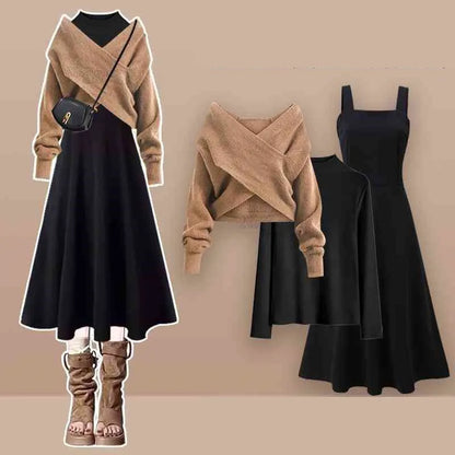 2026 Female Elegant Winter New Cross Knitted Sweater+Bottom Shirt+Black Strap Dress 3-Piece Suit Women Chic Hoodie Matching Set