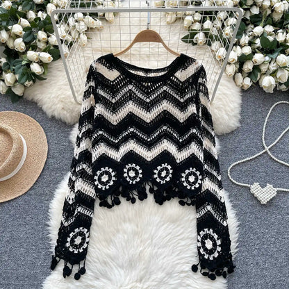 Zig Zag Crochet Sweater Tassel Details Long Sleeve Open-stitch Knit Top Pullover for Women Teen-girl Boho Vacation Outfit