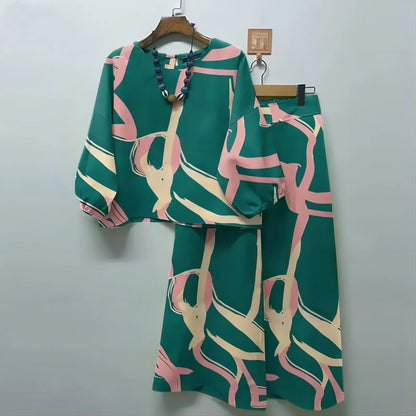2024 Spring Autumn New Women's Fashion Geometric Printed Casual Matching Set Bohemian Top Wide Leg Pants 2-piece Set