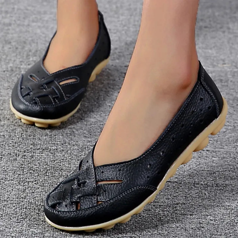 Women Flats Genuine Leather Fashion Soft Shoes Women Hollow Designer Shoes Slip On Ballet Flats Oxford Shoes Woman Plus Size