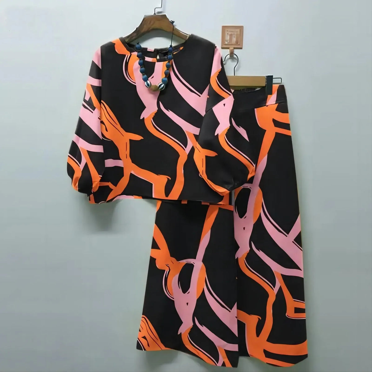 2024 Spring Autumn New Women's Fashion Geometric Printed Casual Matching Set Bohemian Top Wide Leg Pants 2-piece Set