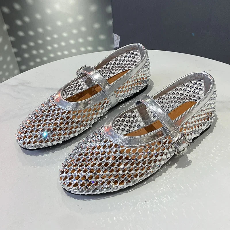 Luxury Crystal Rhinestone Fishnet Ballet Flats Woman Brand Design Rivet Mesh Mary Jane Shoes Ladies Summer Loafers Plus Size 42