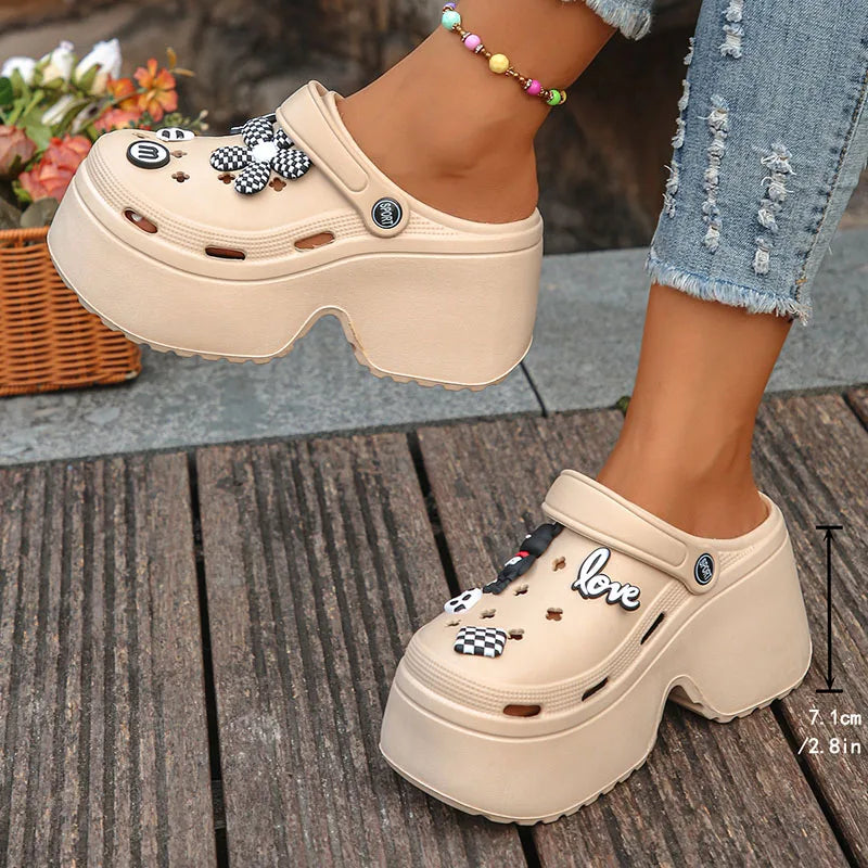 Decorative Buckle Wedge Sandals Women 2025 Thick Bottom Platform Beach Sandals Woman Summer Closed Toe Non-slip Soft Sole Slides