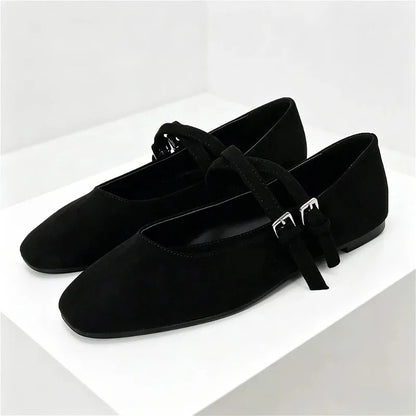 Black Round Toe Ballet Flats Women Fashion Double Buckle Design Elegant Mary Jane Shoes Comfort Shallow Designer Shoes Sandals