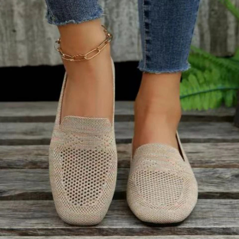 Solid Color Square Toe Mesh Loafers Shallow Women Flats Shoes Soft Bottom Knit Ballet Flats Shoes Casual Slip on Boat Shoes