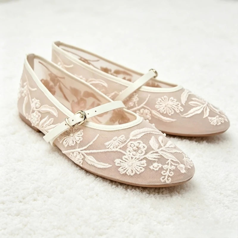 Mesh Embroidery String Bead Brand Women Ballet Flats Fashion Buckle Breathable Mary Jane Shoe Comfort Low Heel Soft Flat Sandals