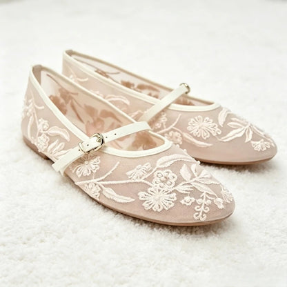 Mesh Embroidery String Bead Brand Women Ballet Flats Fashion Buckle Breathable Mary Jane Shoe Comfort Low Heel Soft Flat Sandals