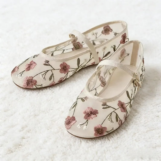 Summer Mesh Embroidered Flower Ballet Flats Women Light Breathable Mary Jane Shoes Luxury Designer Flats Comfortable Casual Shoe