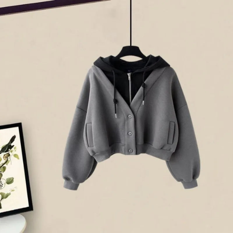 2026 Girl Spring Autumn New Casual Tracksuit Matching Set Korean Elegant Fake Two-piece Hooded Sweatshirt+Loose Cargo Pants Suit
