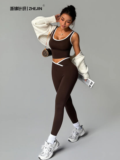 2 Piece Yoga Set Women Crossover V Waist Leggings Contrast Trim Sports Bra Gym Workout Matching Set Fitness Activewear Suit