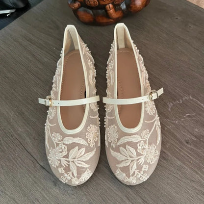 Women's Ballet Flats Ballerina Shoes 2025 Summer New White Mary Jane Comfortable Embroidered Mesh Buckle Strap Elegant