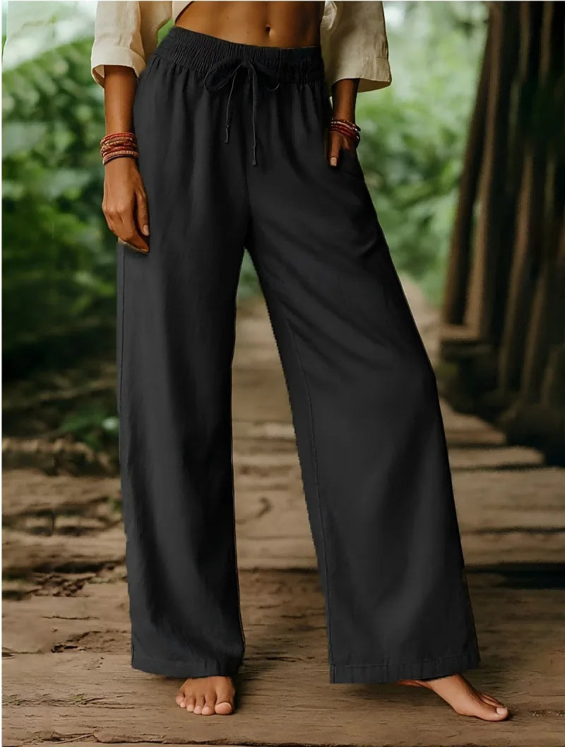 Women's Elastic Waist Linen Pants - Solid Color Wide Leg Trousers, Breathable Loose Fit Palazzo Pants